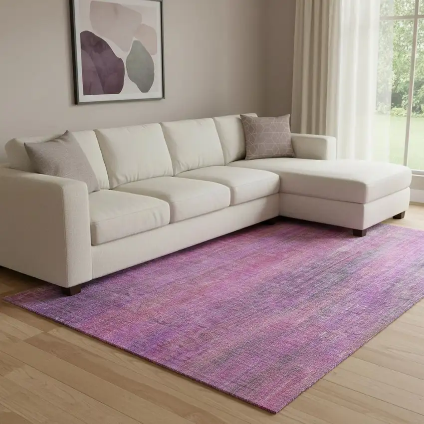 Lilac And Blush Striped Washable Area Rug With UV Protection Photo 1