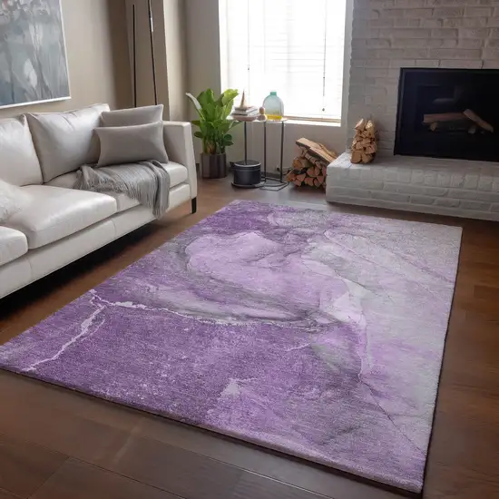 Lilac And Ivory Abstract Washable Area Rug With UV Protection Photo 7
