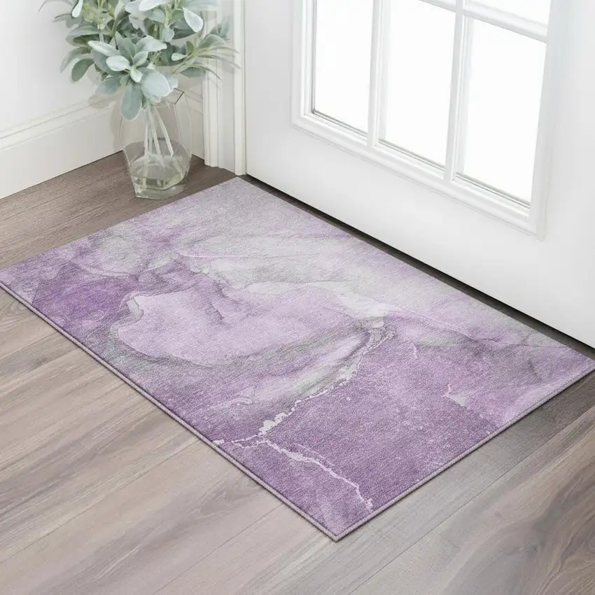 Lilac And Ivory Abstract Washable Area Rug With UV Protection Photo 1