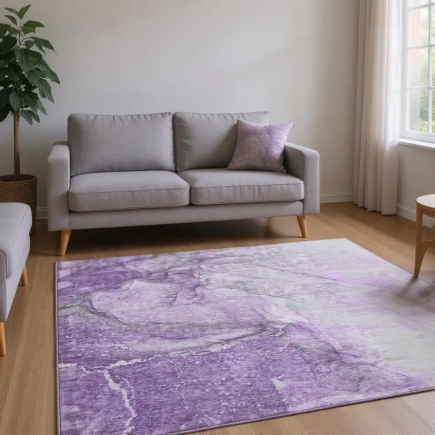 Lilac And Ivory Abstract Washable Area Rug With UV Protection Photo 2