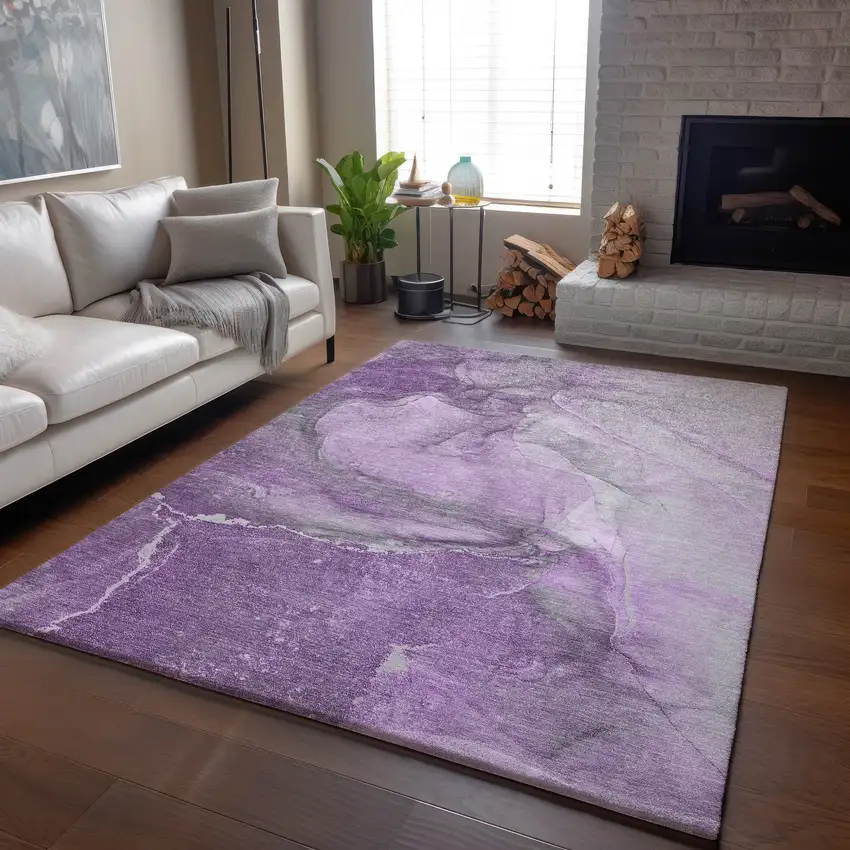 Lilac And Ivory Abstract Washable Area Rug With UV Protection Photo 3