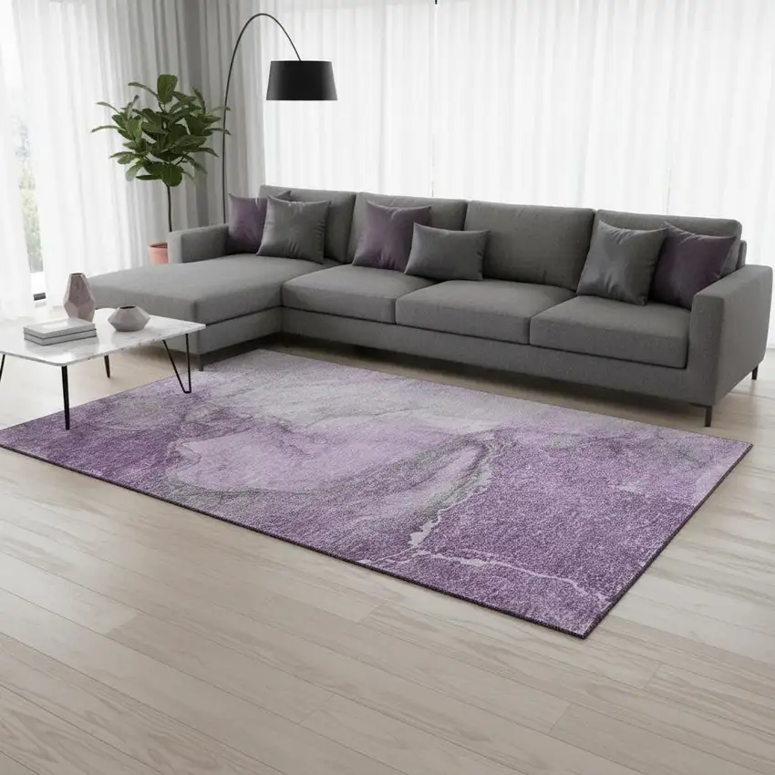 Lilac And Ivory Abstract Washable Area Rug With UV Protection Photo 2