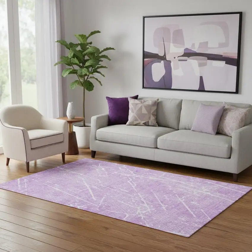 Lilac And Ivory Abstract Washable Area Rug With UV Protection Photo 1