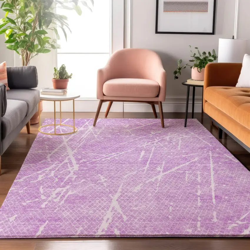 Lilac And Ivory Abstract Washable Area Rug With UV Protection Photo 4
