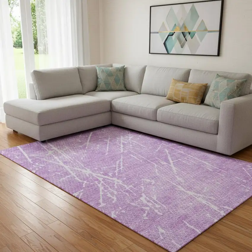 Lilac And Ivory Abstract Washable Area Rug With UV Protection Photo 1
