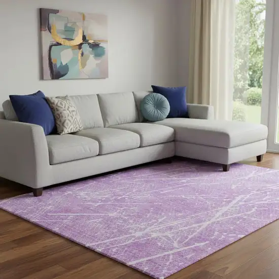 Lilac And Ivory Abstract Washable Area Rug With UV Protection Photo 2