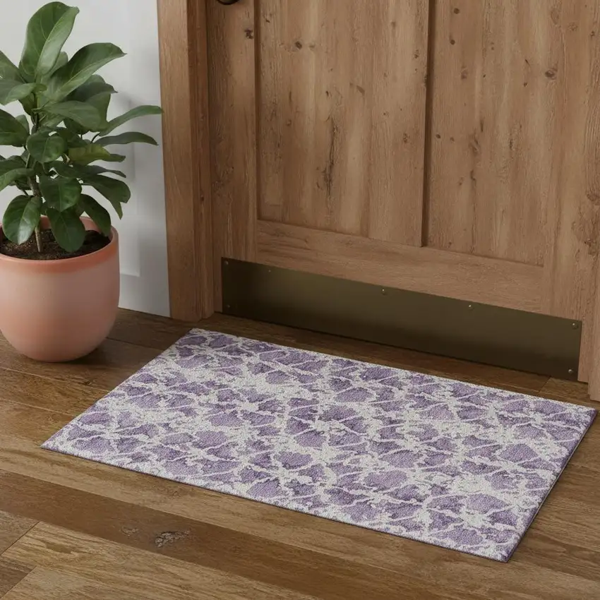 Lilac And Ivory Abstract Washable Area Rug With UV Protection Photo 1