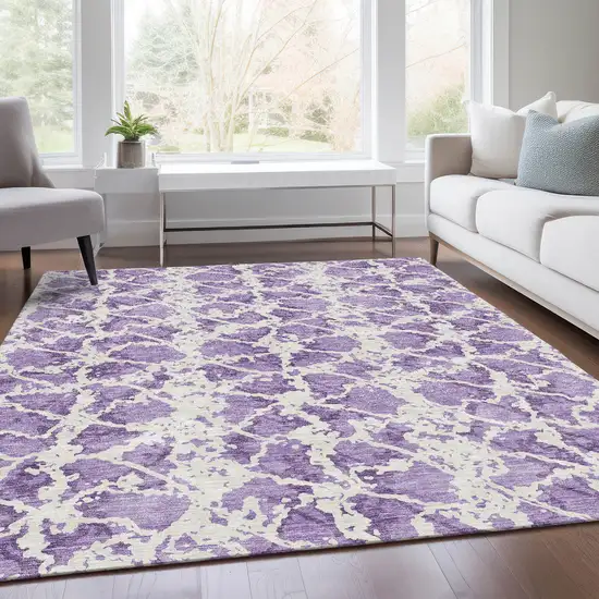 Lilac And Ivory Abstract Washable Area Rug With UV Protection Photo 5