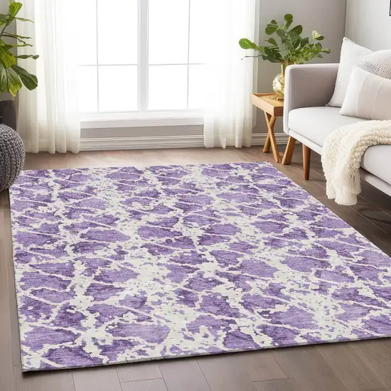 Lilac And Ivory Abstract Washable Area Rug With UV Protection Photo 4