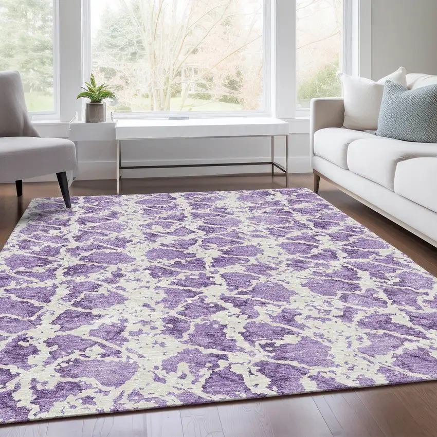 Lilac And Ivory Abstract Washable Area Rug With UV Protection Photo 5