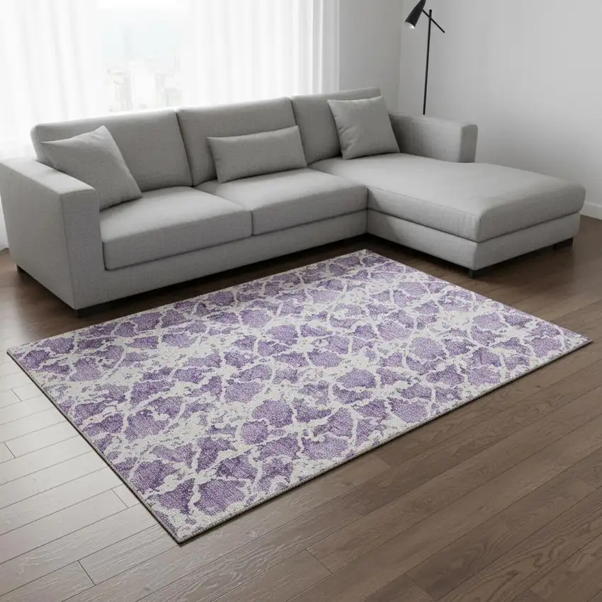 Lilac And Ivory Abstract Washable Area Rug With UV Protection Photo 2