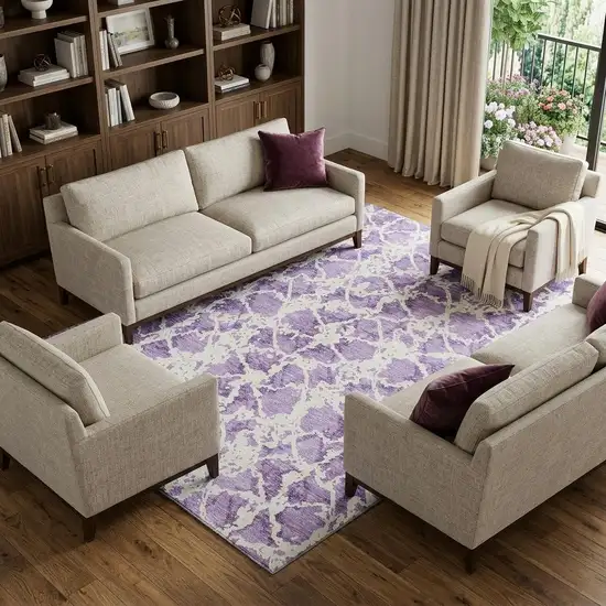 Lilac And Ivory Abstract Washable Area Rug With UV Protection Photo 1