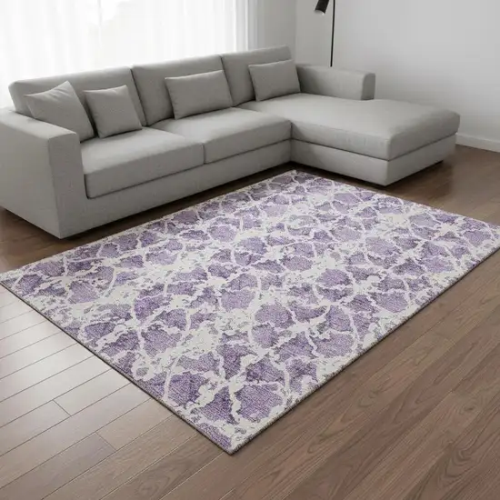 Lilac And Ivory Abstract Washable Area Rug With UV Protection Photo 2