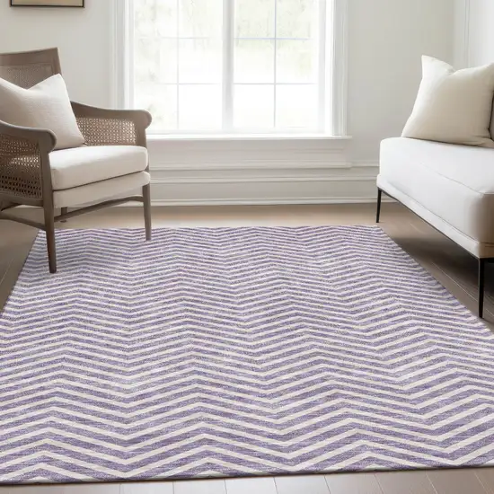 Lilac And Ivory Chevron Washable Area Rug With UV Protection Photo 5