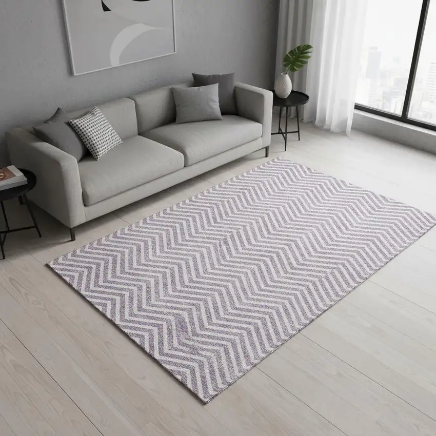 Lilac And Ivory Chevron Washable Area Rug With UV Protection Photo 2