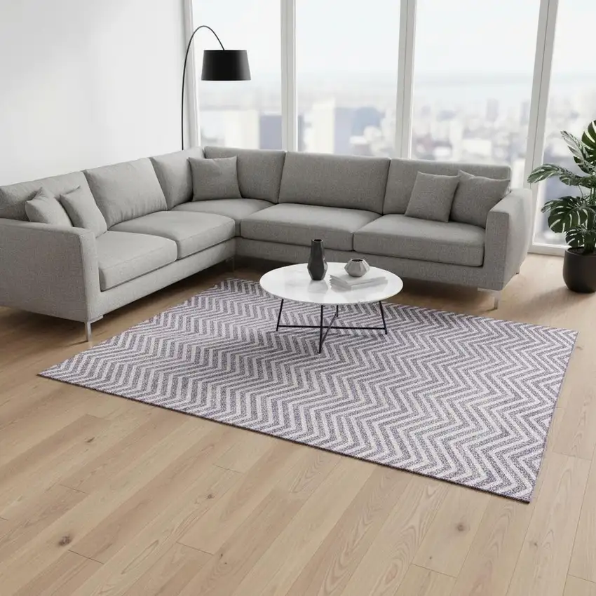 Lilac And Ivory Chevron Washable Area Rug With UV Protection Photo 2