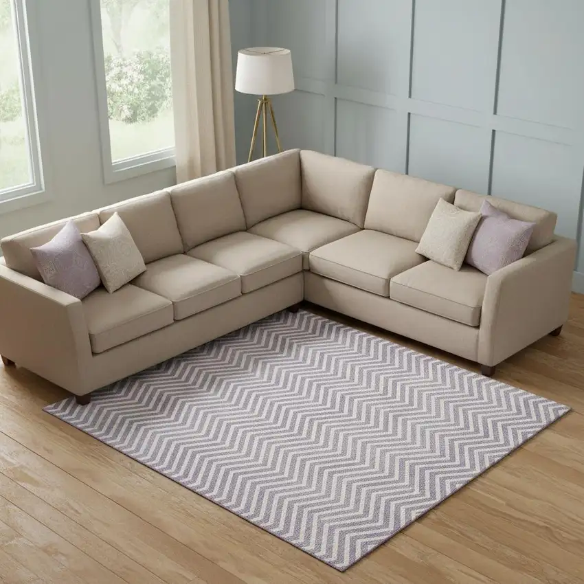 Lilac And Ivory Chevron Washable Area Rug With UV Protection Photo 1