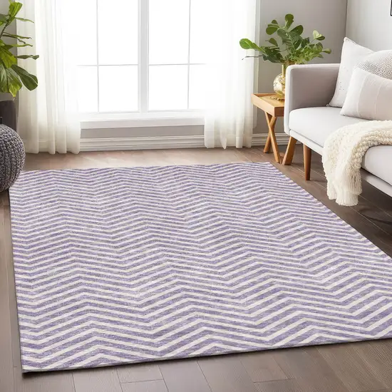 Lilac And Ivory Chevron Washable Indoor Outdoor Area Rug Photo 8