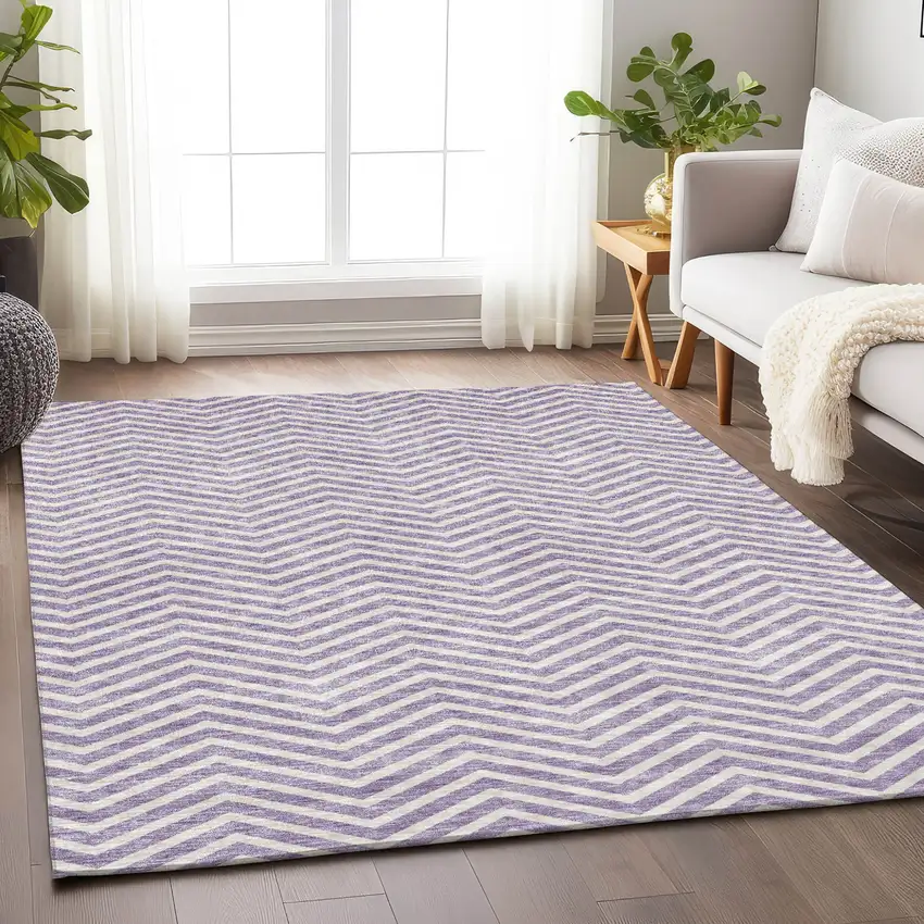 Lilac And Ivory Chevron Washable Indoor Outdoor Area Rug Photo 8