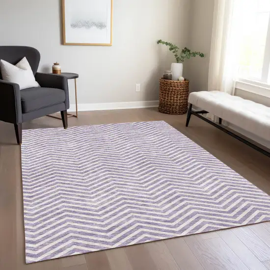 Lilac And Ivory Chevron Washable Indoor Outdoor Area Rug Photo 9