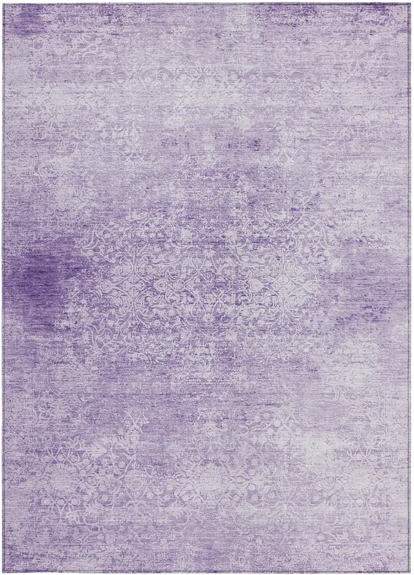 Lilac And Ivory Floral Medallion Washable Indoor Outdoor Area Rug Photo 3