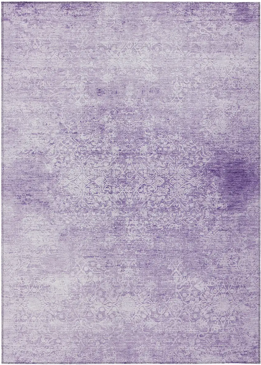 Lilac And Ivory Floral Medallion Washable Indoor Outdoor Area Rug Photo 1