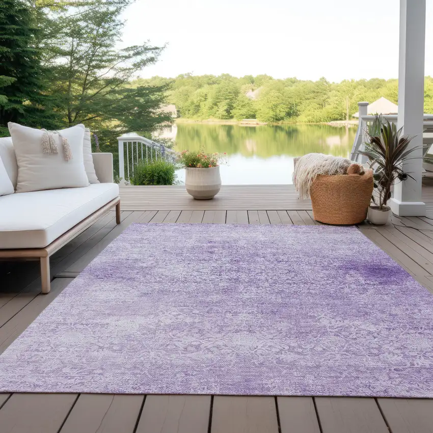 Lilac And Ivory Floral Medallion Washable Indoor Outdoor Area Rug Photo 5