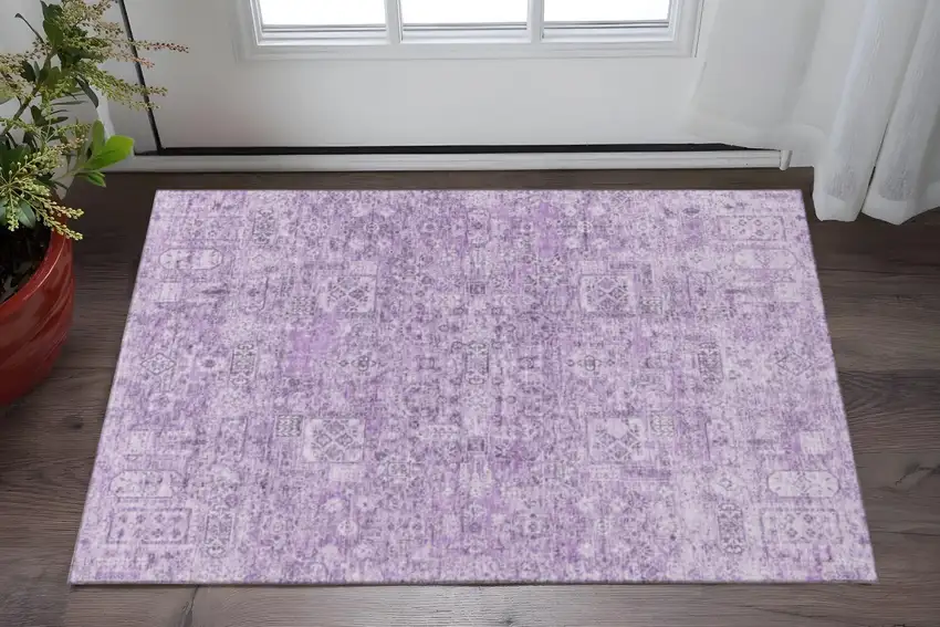 Lilac And Ivory Floral Washable Area Rug With UV Protection Photo 2