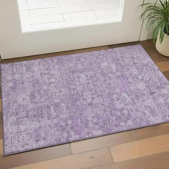 Lilac And Ivory Floral Washable Area Rug With UV Protection Photo 1