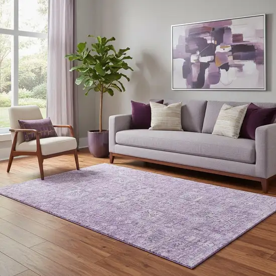 Lilac And Ivory Floral Washable Area Rug With UV Protection Photo 1
