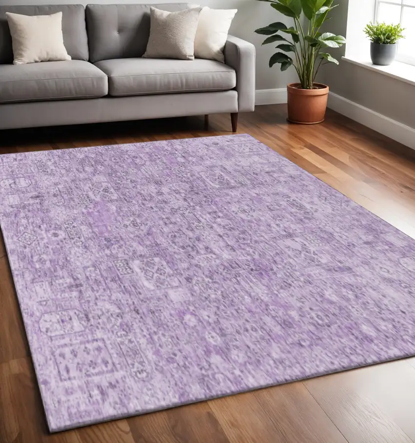 Lilac And Ivory Floral Washable Area Rug With UV Protection Photo 2