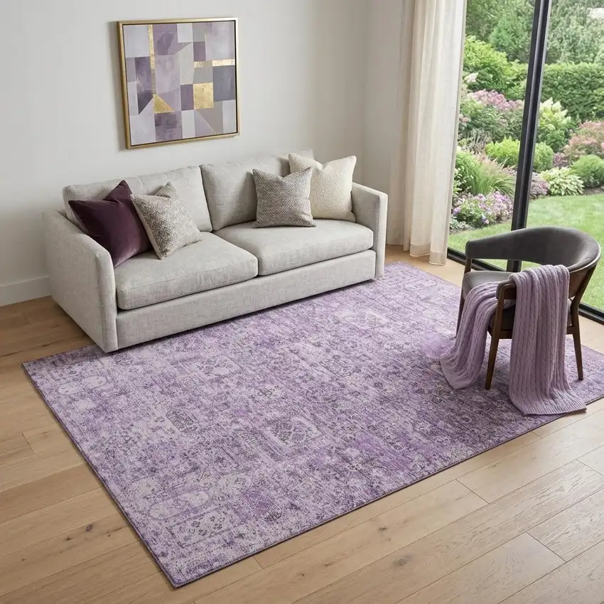 Lilac And Ivory Floral Washable Area Rug With UV Protection Photo 1