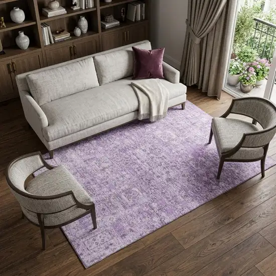 Lilac And Ivory Floral Washable Area Rug With UV Protection Photo 1