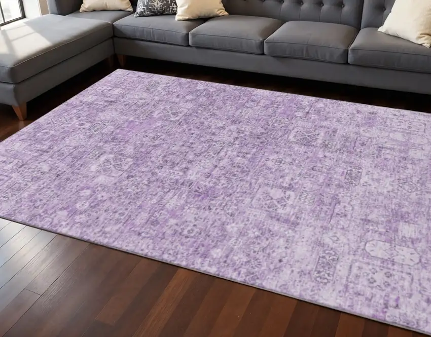 Lilac And Ivory Floral Washable Area Rug With UV Protection Photo 2