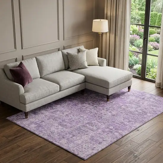 Lilac And Ivory Floral Washable Area Rug With UV Protection Photo 1