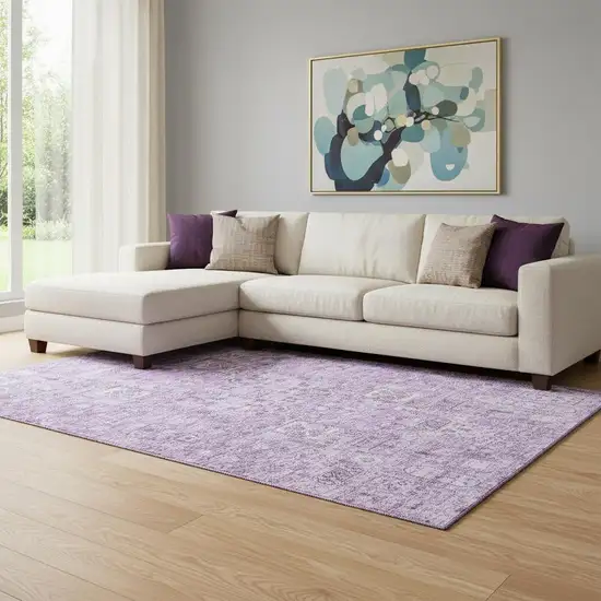 Lilac And Ivory Floral Washable Area Rug With UV Protection Photo 1