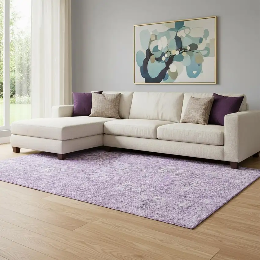 Lilac And Ivory Floral Washable Area Rug With UV Protection Photo 1