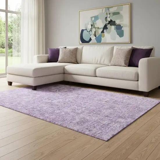 Lilac And Ivory Floral Washable Area Rug With UV Protection Photo 1