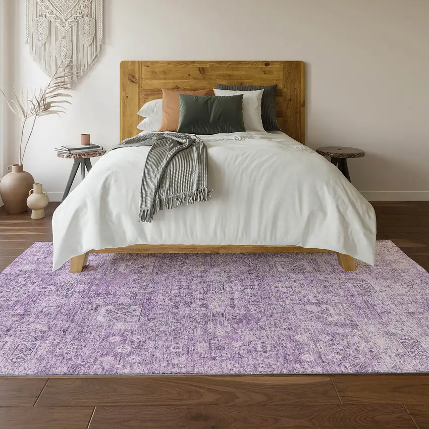 Lilac And Ivory Floral Washable Area Rug With UV Protection Photo 6