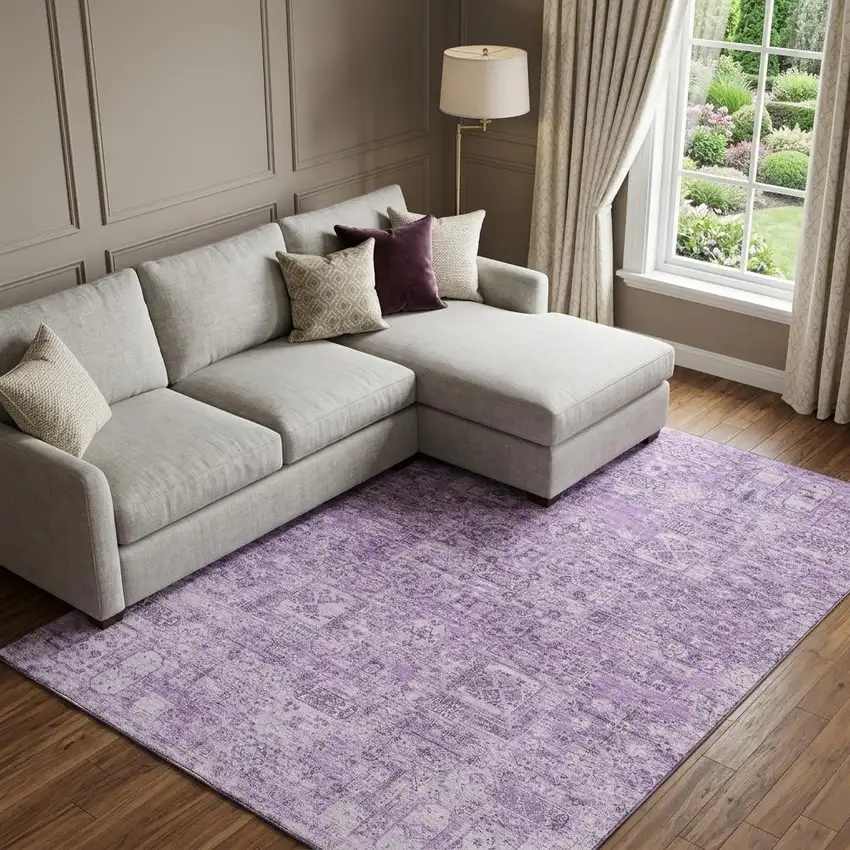 Lilac And Ivory Floral Washable Area Rug With UV Protection Photo 1