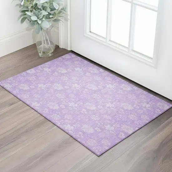 Lilac And Ivory Floral Washable Area Rug With UV Protection Photo 1