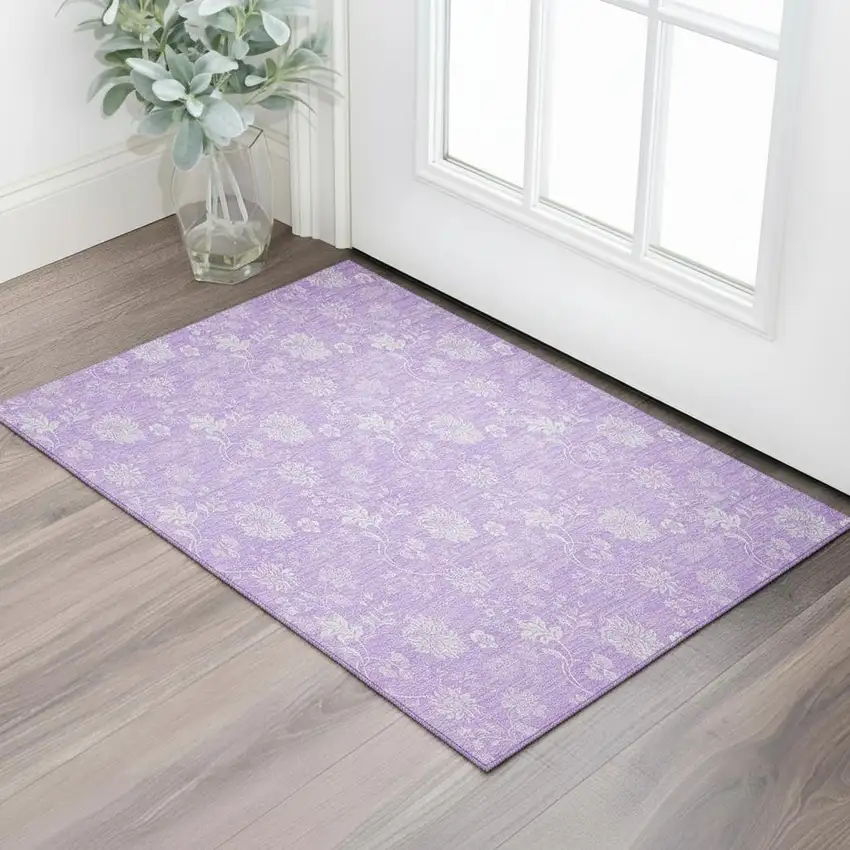 Lilac And Ivory Floral Washable Area Rug With UV Protection Photo 1