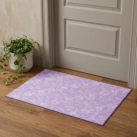 Lilac And Ivory Floral Washable Area Rug With UV Protection Photo 1