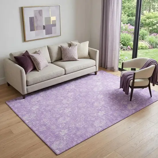 Lilac And Ivory Floral Washable Area Rug With UV Protection Photo 1