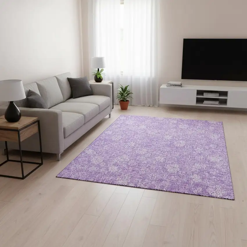 Lilac And Ivory Floral Washable Area Rug With UV Protection Photo 3