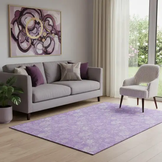 Lilac And Ivory Floral Washable Area Rug With UV Protection Photo 1