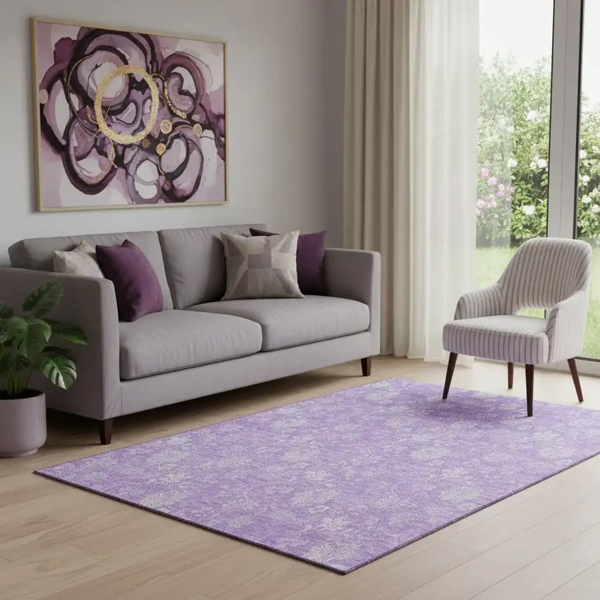 Lilac And Ivory Floral Washable Area Rug With UV Protection Photo 1