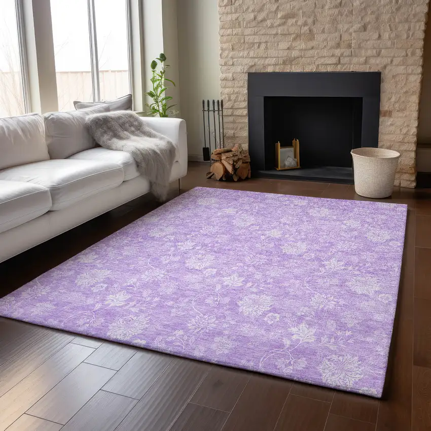 Lilac And Ivory Floral Washable Area Rug With UV Protection Photo 4