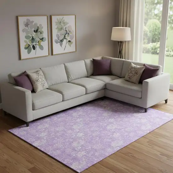 Lilac And Ivory Floral Washable Area Rug With UV Protection Photo 1