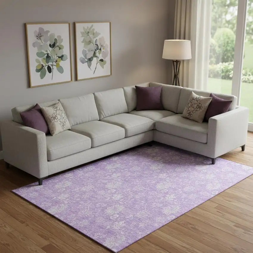 Lilac And Ivory Floral Washable Area Rug With UV Protection Photo 1